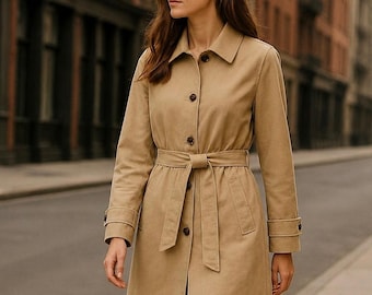 Women’s Beige Linen Trench Coat, Long Fall Spring/Summer Jacket, Belted Overcoat Minimalist Outerwear