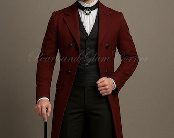 Men’s Victorian Burgundy Wool Regency Tailcoat Jacket, Vintage Gothic Steampunk Edwardian Cosplay Gentleman Overcoat