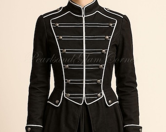 Damen Schwarze Militär Steampunk Viktorian Parade Jacke Mantel, Vintage Gothic Uniform Tailcoat, Cosplay Kostüm