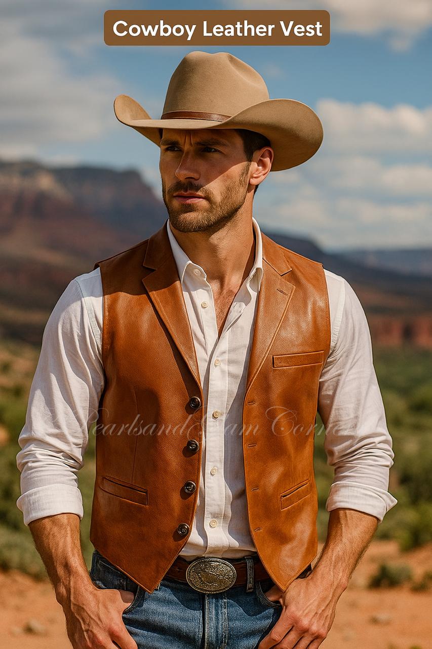 Men's Brown Western Cowboy Leather Vest, Handmade Vintage