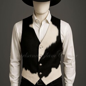 May include: A black cowboy hat and a vest featuring a black and white cowhide pattern with three silver-toned buttons, worn over a crisp white long-sleeved button-down shirt and black trousers on a mannequin torso against a neutral background.