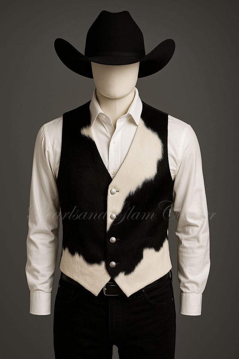 May include: A black cowboy hat and a vest featuring a black and white cowhide pattern with three silver-toned buttons, worn over a crisp white long-sleeved button-down shirt and black trousers on a mannequin torso against a neutral background.