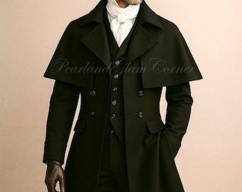 Men’s Victorian Gothic Black Wool Trench Cape Coat Tailcoat, Vintage Steampunk Clock Overcoat Jacket