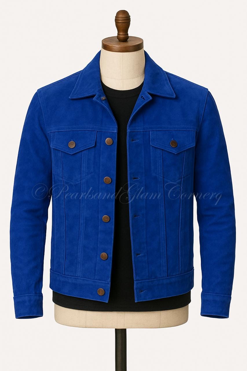 Men's Blue Suede Leather Biker Moto Trucker Jacket, Retro Vintage