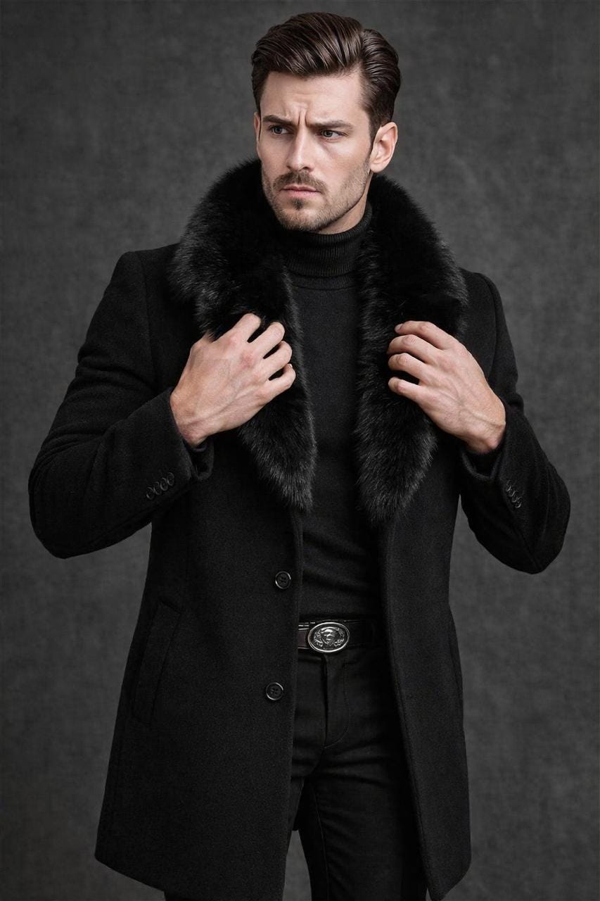 Men's Black Wool Coat With Faux Fur Collar, Gothic Winter Overcoat