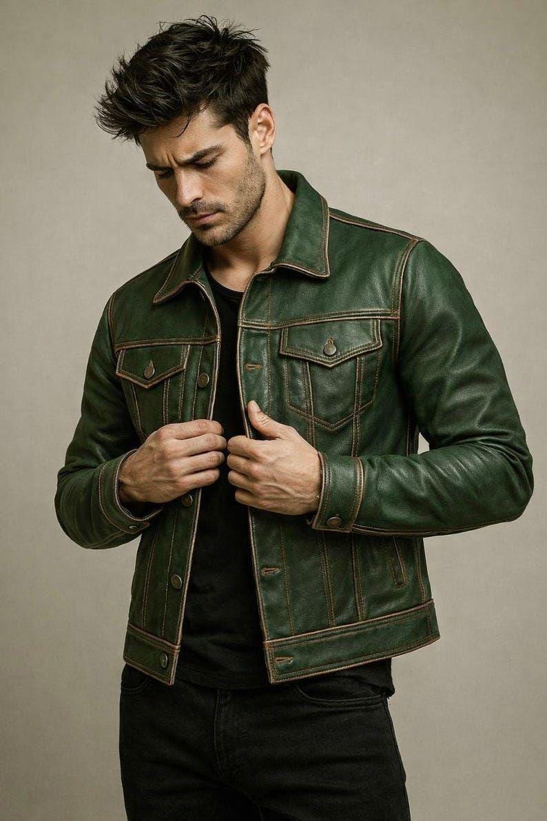Men's Green Leather Biker Moto Trucker Jacket, Handmade Vintage