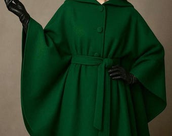 レディースウールフード付きマントケープコート、ハンドメイド1950年代