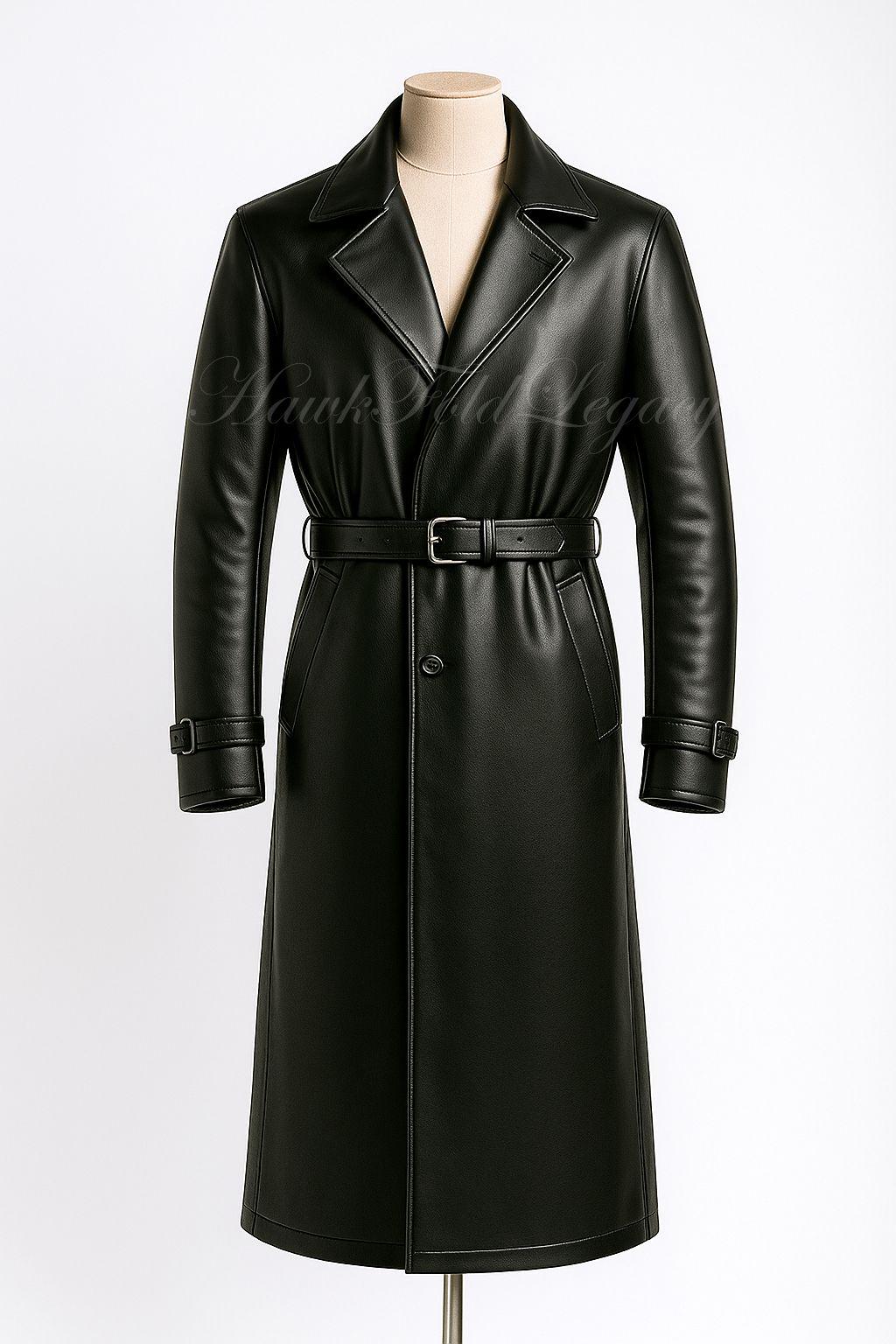 Men's Long Black Leather Trench Coat, Gothic Victorian Steampunk