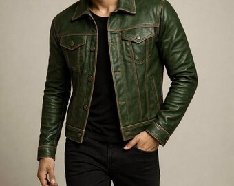 Men's Green Leather Biker Moto Trucker Jacket, Handmade Vintage