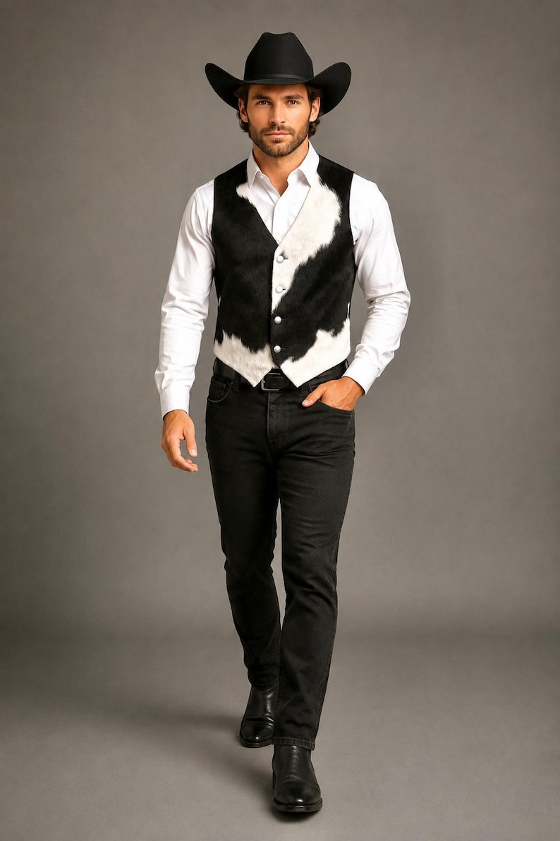 May include: A black and white cowhide print vest with silver buttons, worn over a crisp white long-sleeved button-down shirt, paired with black denim jeans, black leather boots, and a wide-brimmed black felt cowboy hat with a matching band.