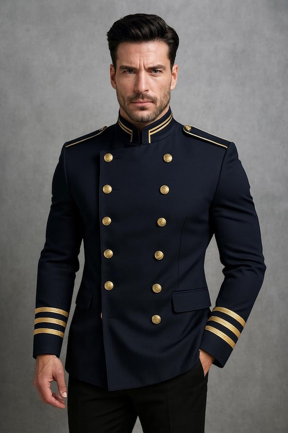 captain dress blues Men’s Navy Military Officer Wool Coat, Vintage Steampunk Double Breasted Uniform Regency Jacket LaDivine CB099 Butterfly Glitter SM-D20075F-Black Options:Unicorn 3 Explore the Mens Navy