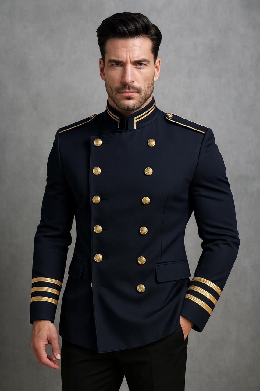 Men's Navy Military Officer Wool Coat, Vintage Steampunk Double