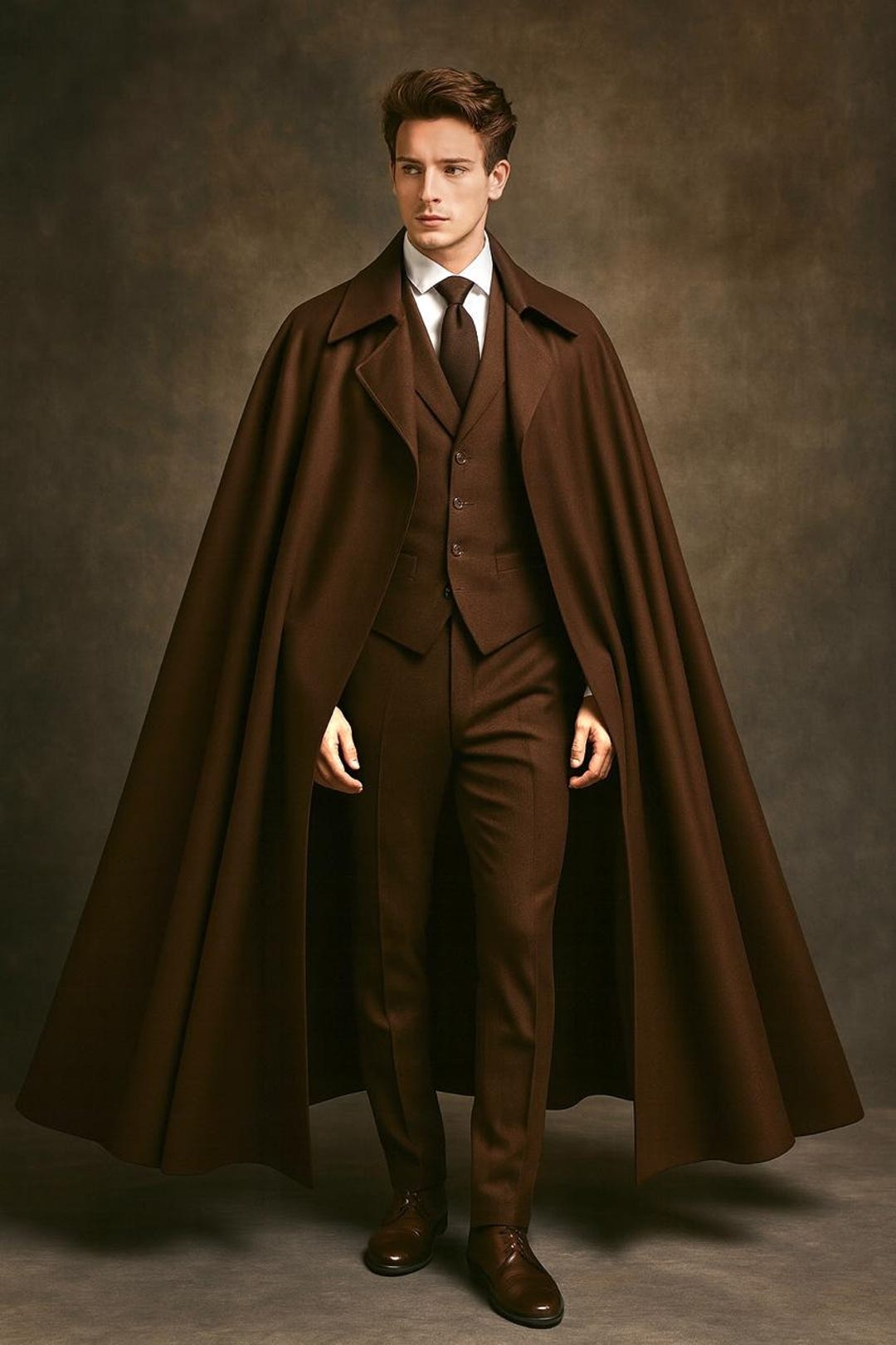 Men's Victorian Wool Cloak Deep Brown, Vintage Gothic Steampunk