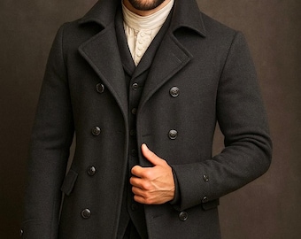 Vintage Wool Zero King Grey Tweed Wool Pea Coat Jacket Red Lining