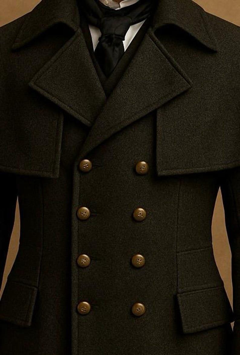 Men's Gothic Victorian Military Wool Trench Cape Overcoat