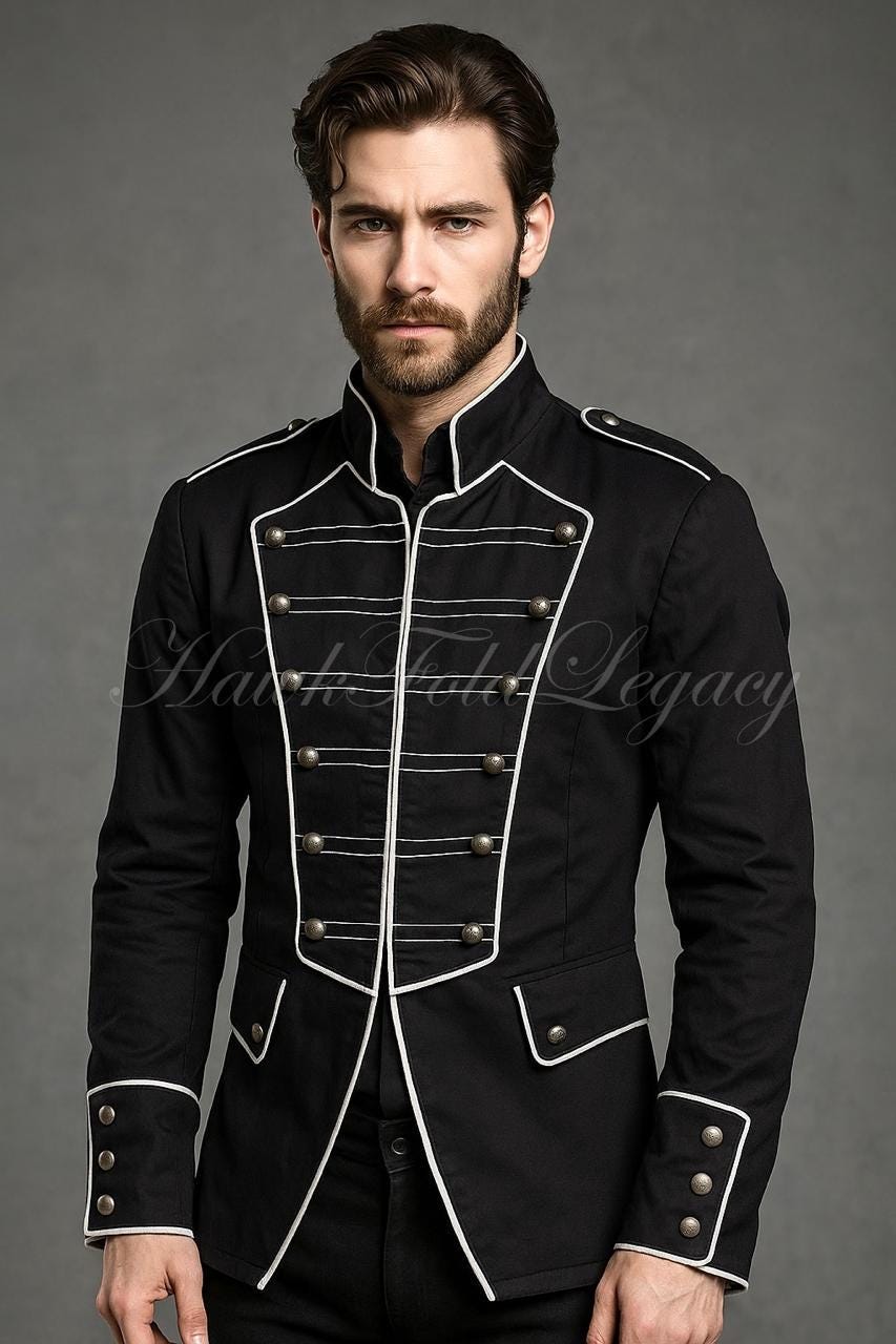Men's Black Military Gothic Steampunk Parade Jacket, Marching Band