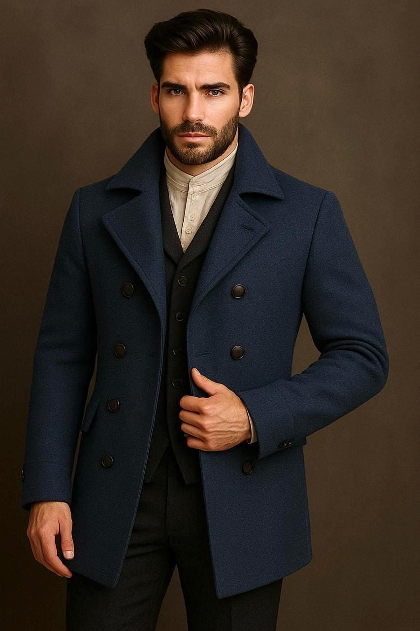 Men's Victorian Black Wool Peacoat, Vintage Gothic Steampunk