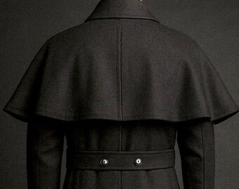 Men's Gothic Victorian Black Wool Cape Coat, Steampunk Long Cloak