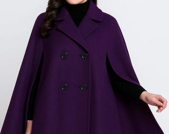 Women's Wool Hooded Cloak Cape Coat, Handmade 1950s Retro Winter