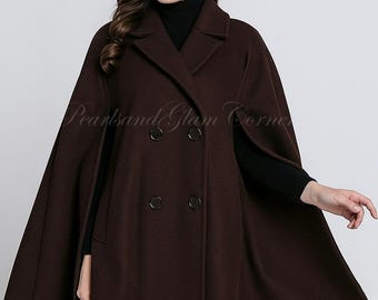 Women's Wool Hooded Cloak Cape Coat, Handmade 1950s Retro Winter