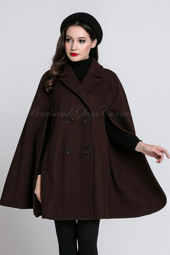 Women's Wool Hooded Cloak Cape Coat, Handmade 1950s Retro Winter
