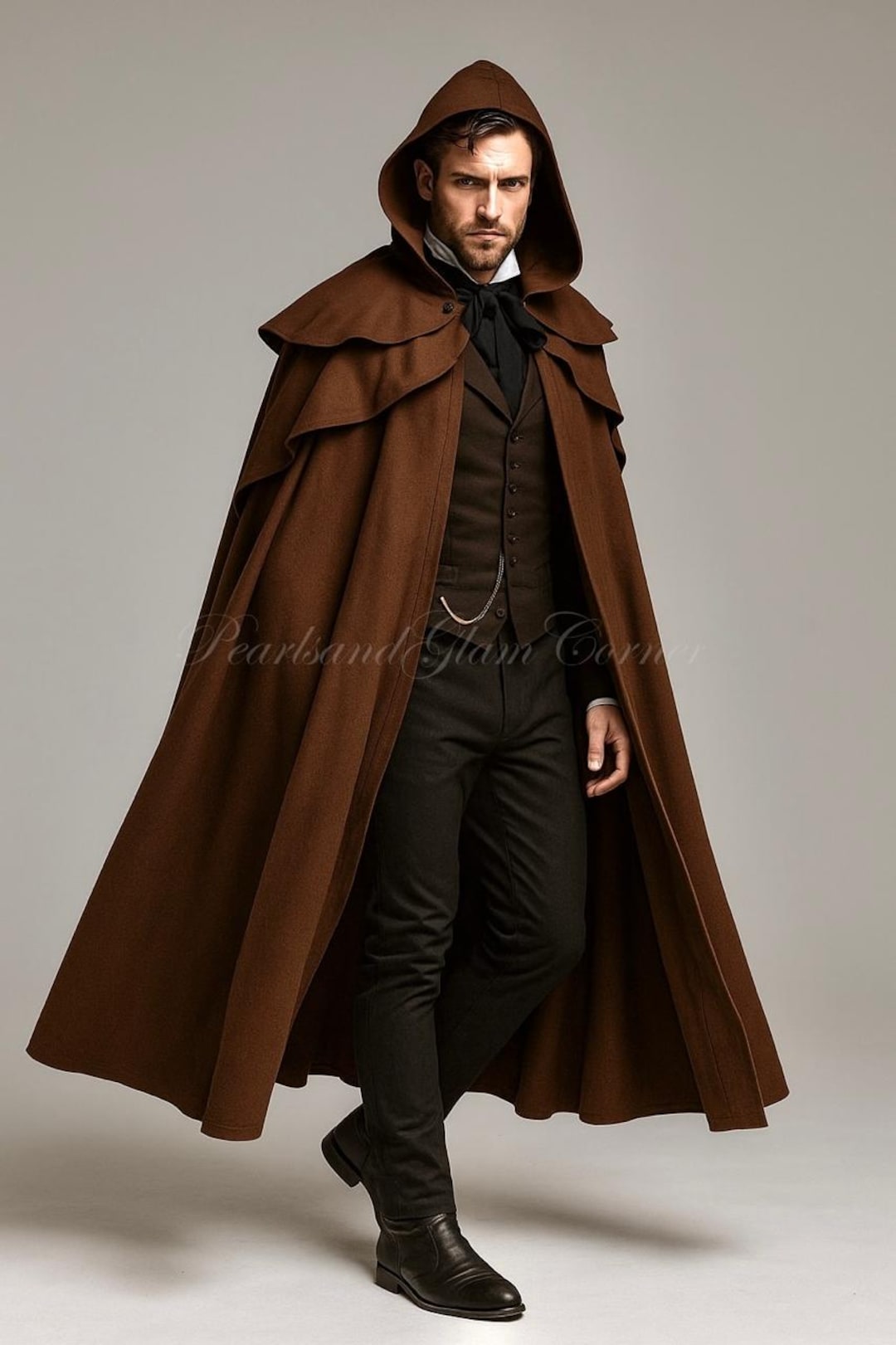 Men's Victorian Brown Hooded Inverness Wool Cape Coat, Steampunk