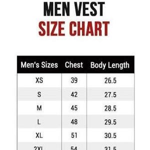 May include: A vest size chart with black text on a white background. The chart lists sizes from XS to 4XL, including chest and body length measurements in inches. The header reads VEST SIZE CHART and MEN VEST SIZE CHART in bold black and red text.