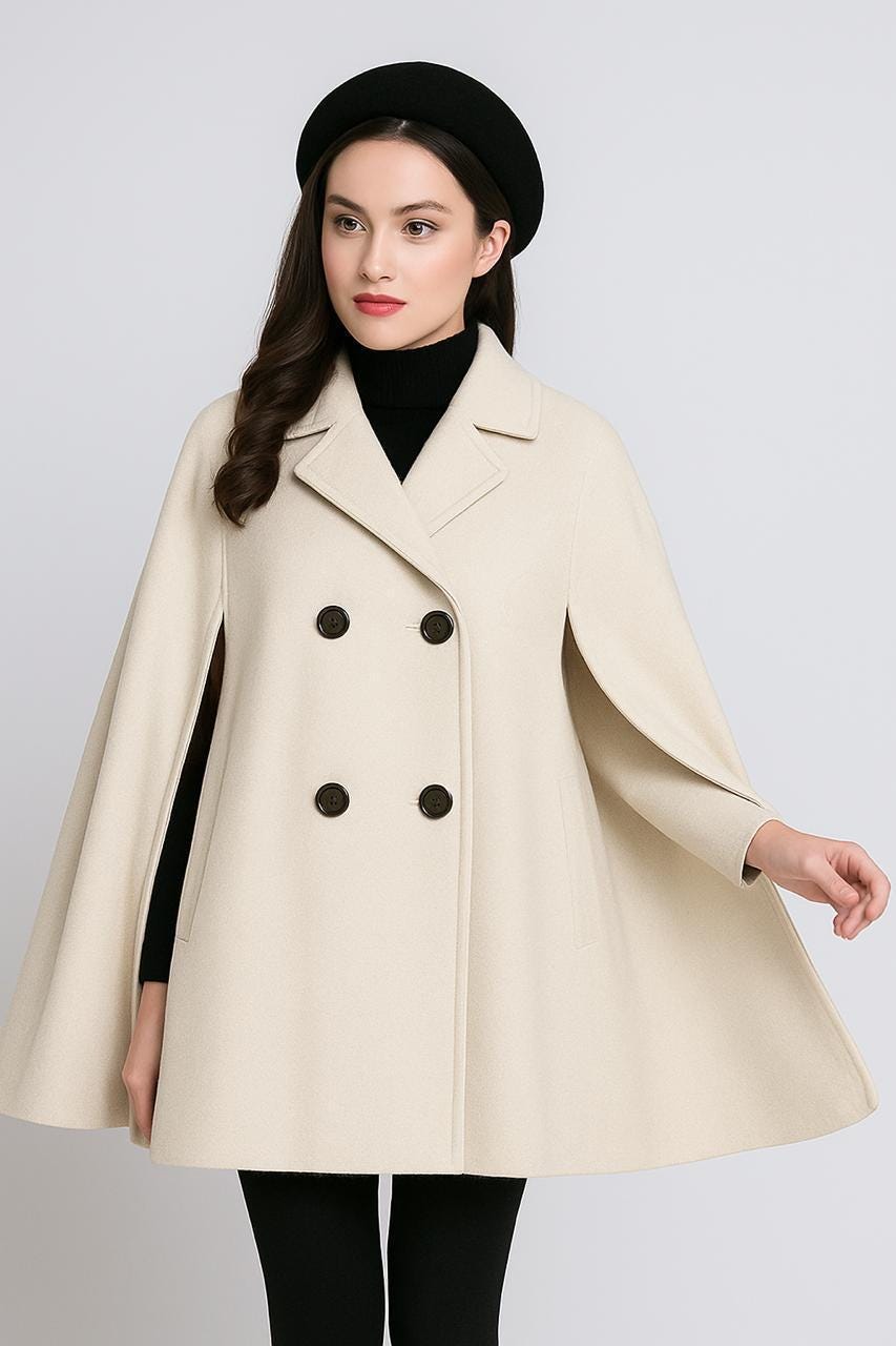 Women's Wool Hooded Cloak Cape Coat, Handmade 1950s Retro Winter