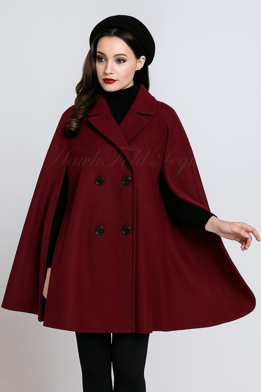 Women's Wool Hooded Cloak Cape Coat, Handmade 1950s Retro Winter