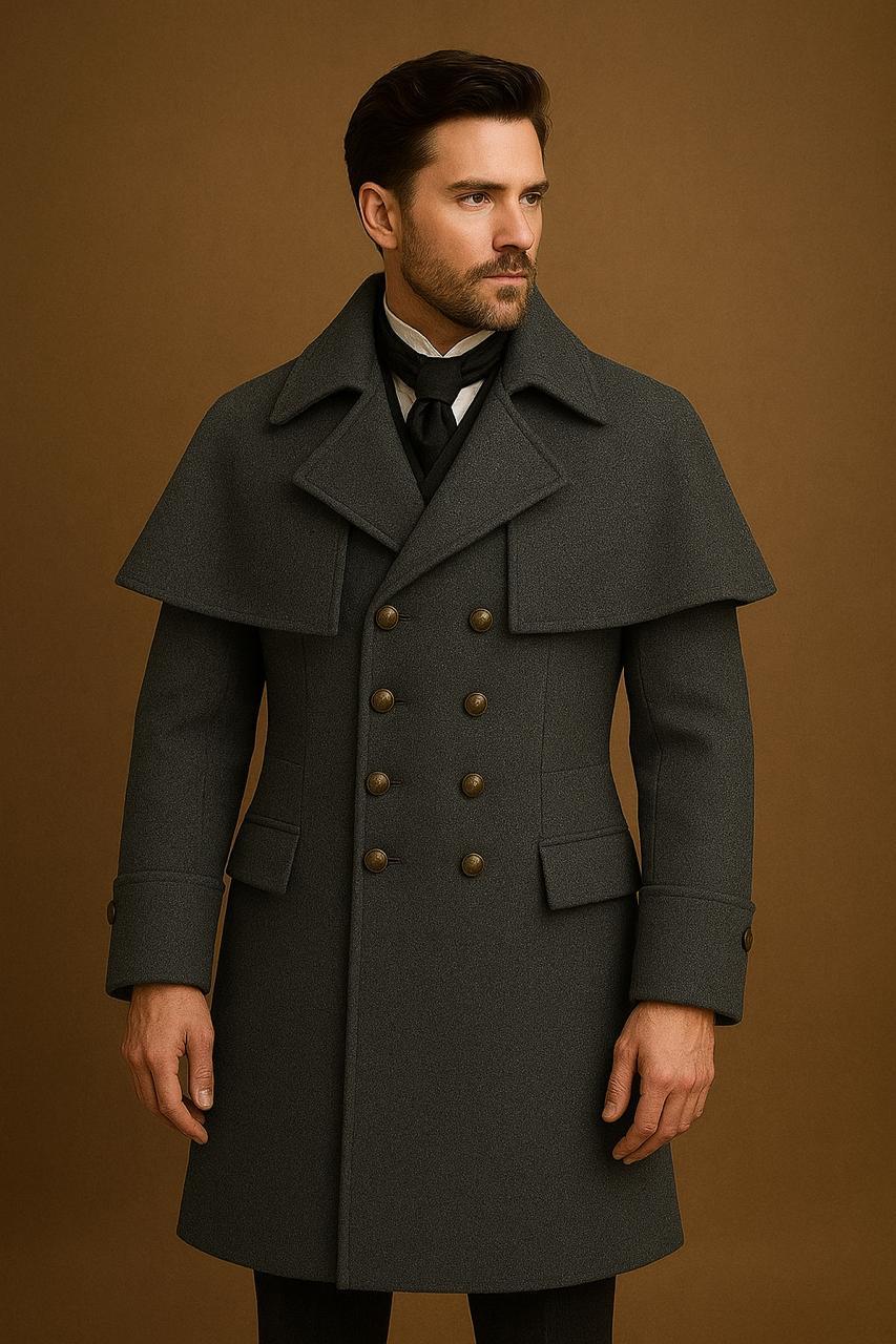 Men's Gothic Victorian Military Wool Trench Cape Overcoat