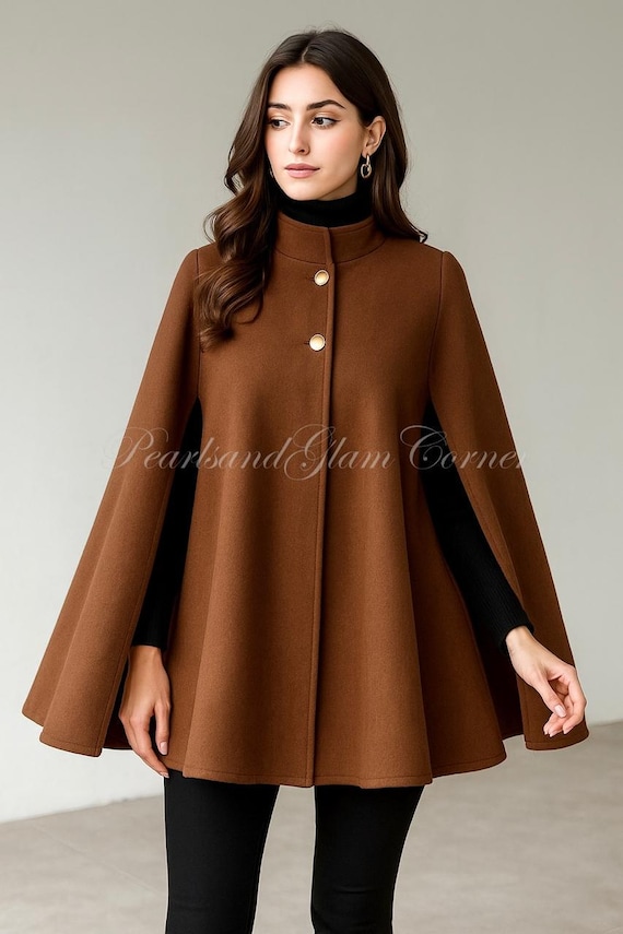 Women's Brown Wool Cape Coat, Vintage Winter Poncho Renaissance