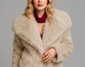 Women’s Beige Faux Fur Coat, Vintage Fluffy Plush Winter Warm Ladies Jacket, Oversized Outerwear