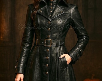 Women’s Gothic Steampunk Military Black Leather Trench Coat, Vintage Punk Rock Jacket, Halloween Cosplay