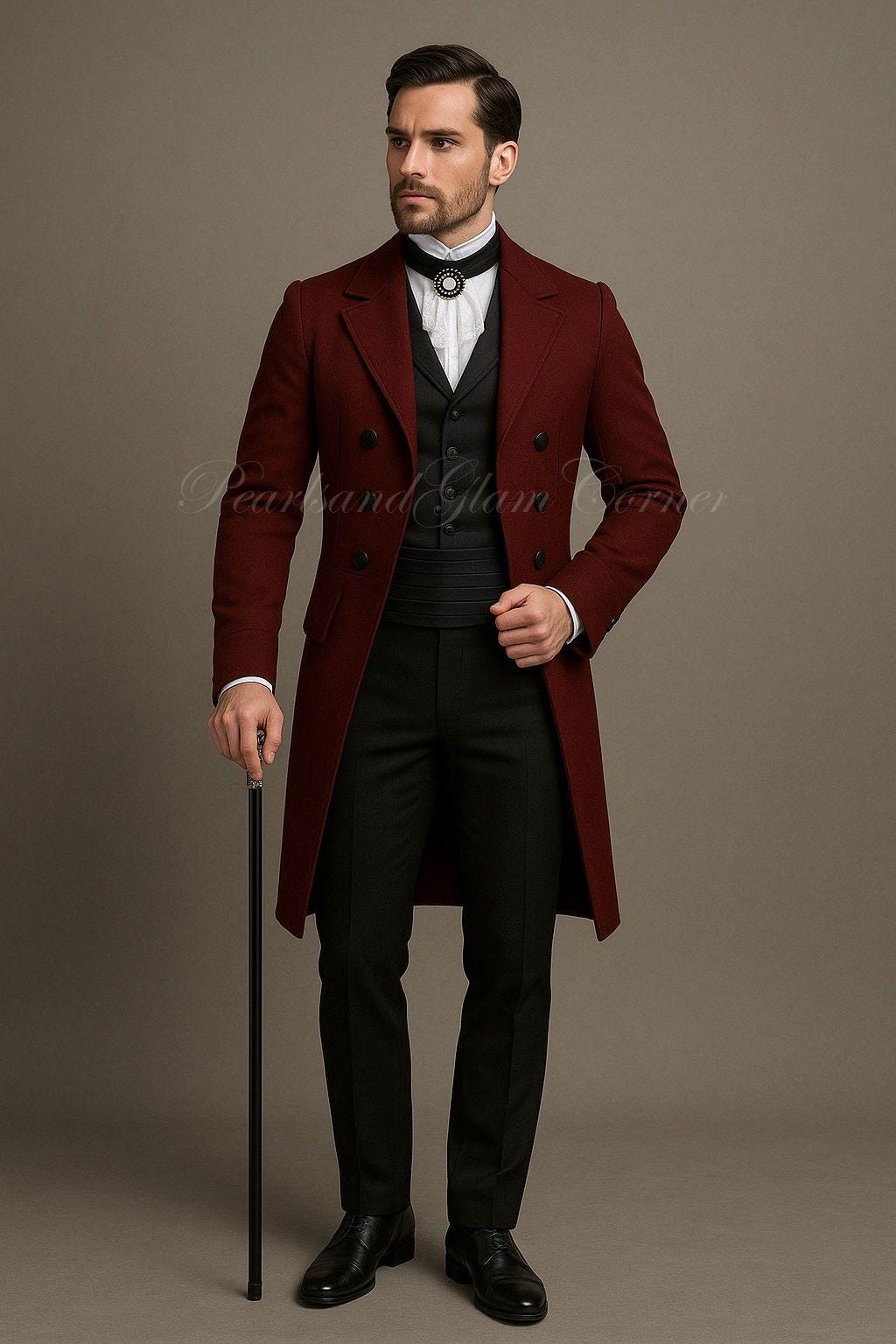 Men's Victorian Burgundy Wool Regency Tailcoat Jacket, Vintage