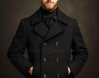 Men’s Black Wool Peacoat US Navy Style, Vintage Victorian Double Breasted Winter Jacket Outerwear