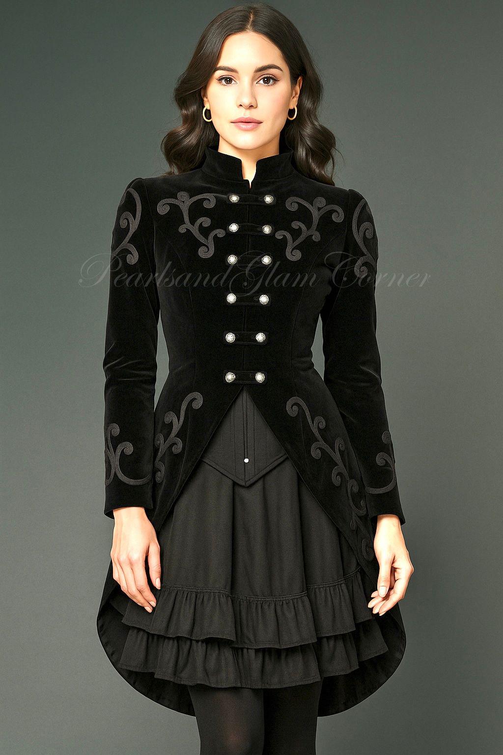 Women's Black Velvet Gothic Victorian Tailcoat, Steampunk Military