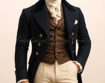 Men’s Victorian Blue Wool Regency Tailcoat, Vintage Gothic Steampunk Gentleman Frock Coat, Historical Cosplay