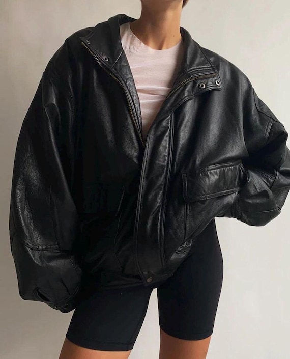 90s Oversized Black Lambskin Leather Bomber Jacket: Handmade