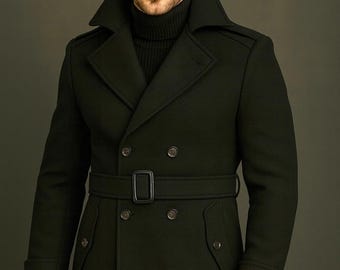 Men’s Victorian Black Wool Peacoat, Vintage Gothic Steampunk Double Breasted Winter Pea Coat Jacket