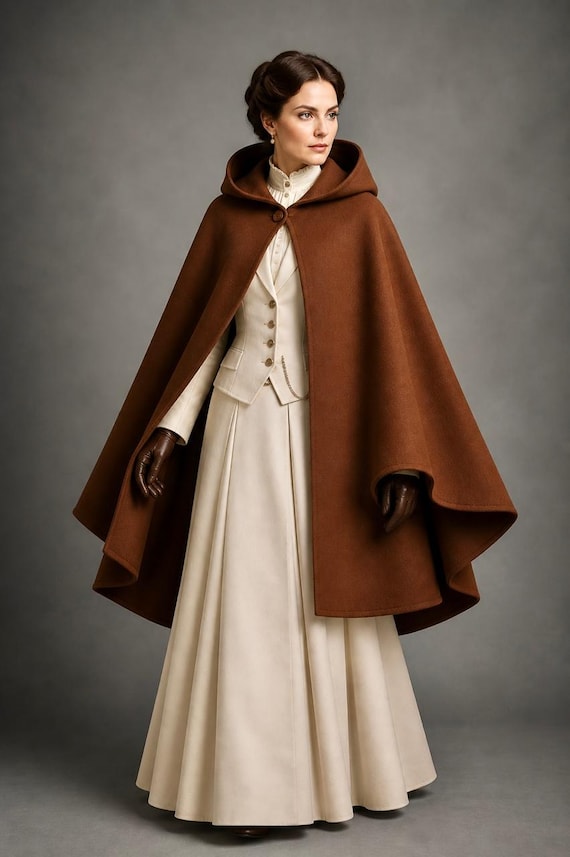 Women's Victorian Wool Hooded Brown Inverness Cloak Cape Coat