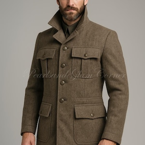 May include: A brown wool military-style jacket with four front pockets and button closures. The jacket has a high collar and is paired with a matching cap. The outfit is a classic military uniform.