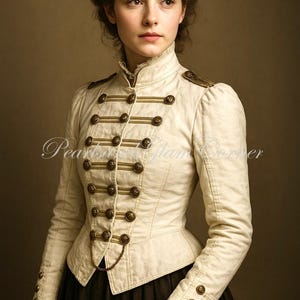 Puede incluir: Chaqueta de estilo militar color crema con botones y adornos dorados. La chaqueta tiene un cuello alto y se combina con una falda oscura. El texto "Pearls & Glam Corner" es visible en la chaqueta.