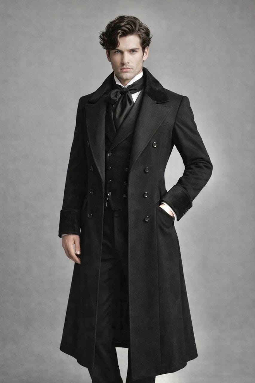 Men's Victorian Gothic Black Regency Tailcoat, Vintage Steampunk Edwardian Gentlemen Frock Coat Trench Overcoat