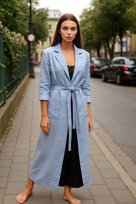 Handmade Light Blue Linen Trench Coat: Belted Maxi Duster Jacket