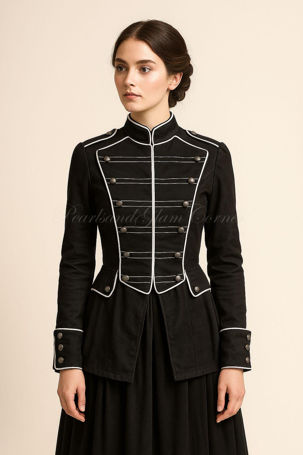 Women's Black Military Steampunk Victorian Parade Jacket Coat, Vintage Gothic Uniform Tailcoat, Cosplay Costume