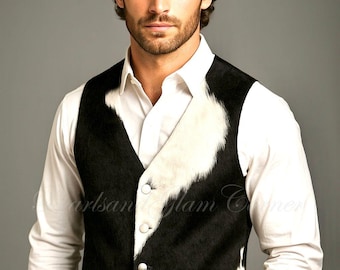 Men's Cowhide Leather Western Vest, Black & White Hair-On-Hide Cowboy Rodeo Waistcoat For Him