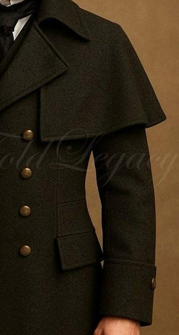 Men's Gothic Victorian Military Wool Trench Cape Overcoat