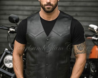 Men’s Black Leather Biker Motorcycle Vest, Handmade Vintage Riding Waistcoat for Riders, Sleeveless Jacket