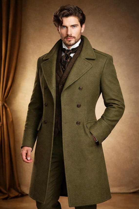 Victorian Men's Green Wool Regency Tailcoat, Vintage Steampunk