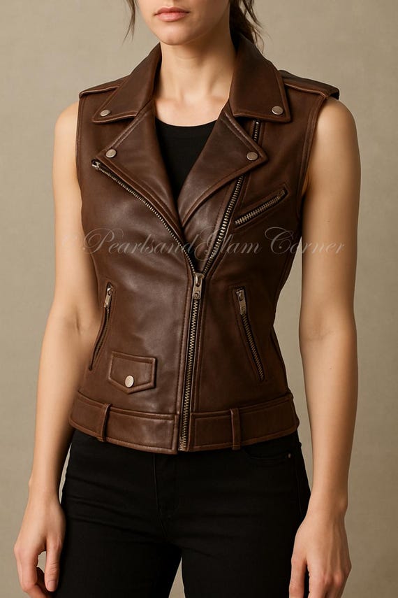 Women's Brown Leather Biker Moto Vest, Handmade Gothic Punk Rock